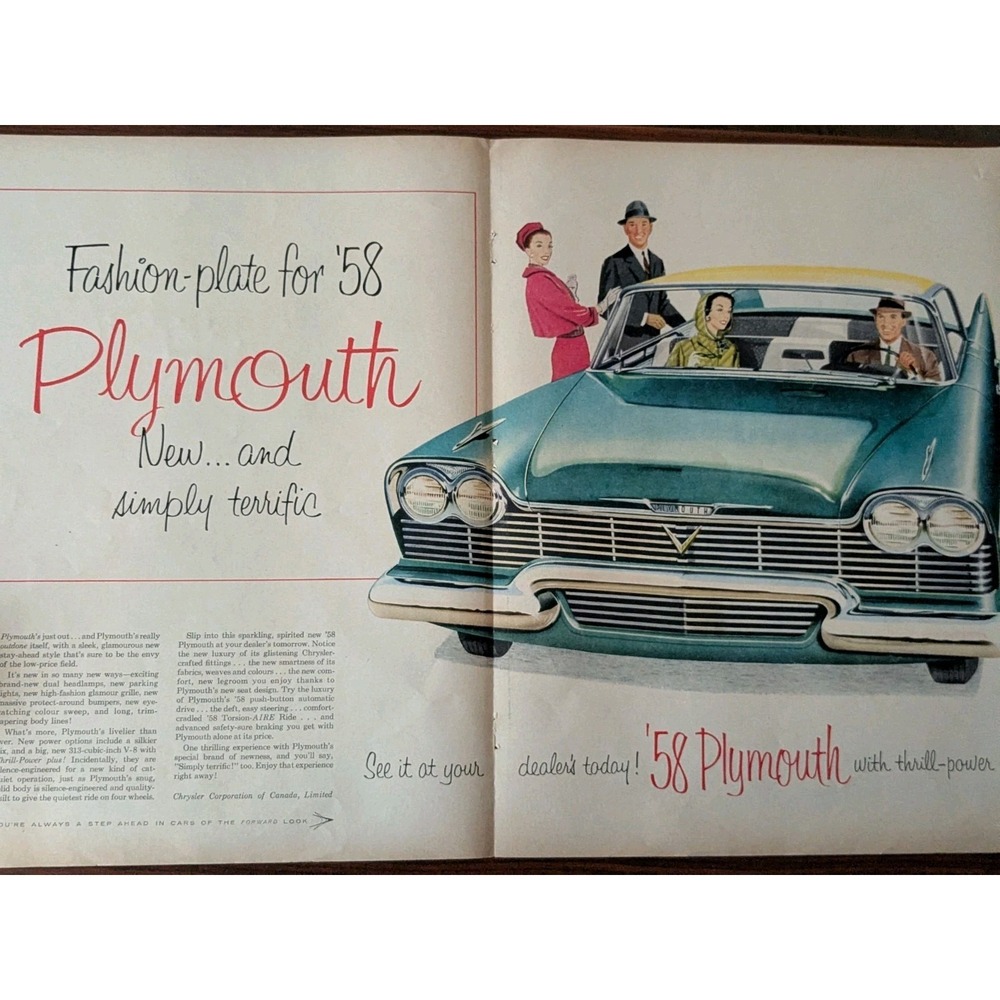 Original 1957 Plymouth 1958 Double Page Magazine Ad Maclean's Automobilia